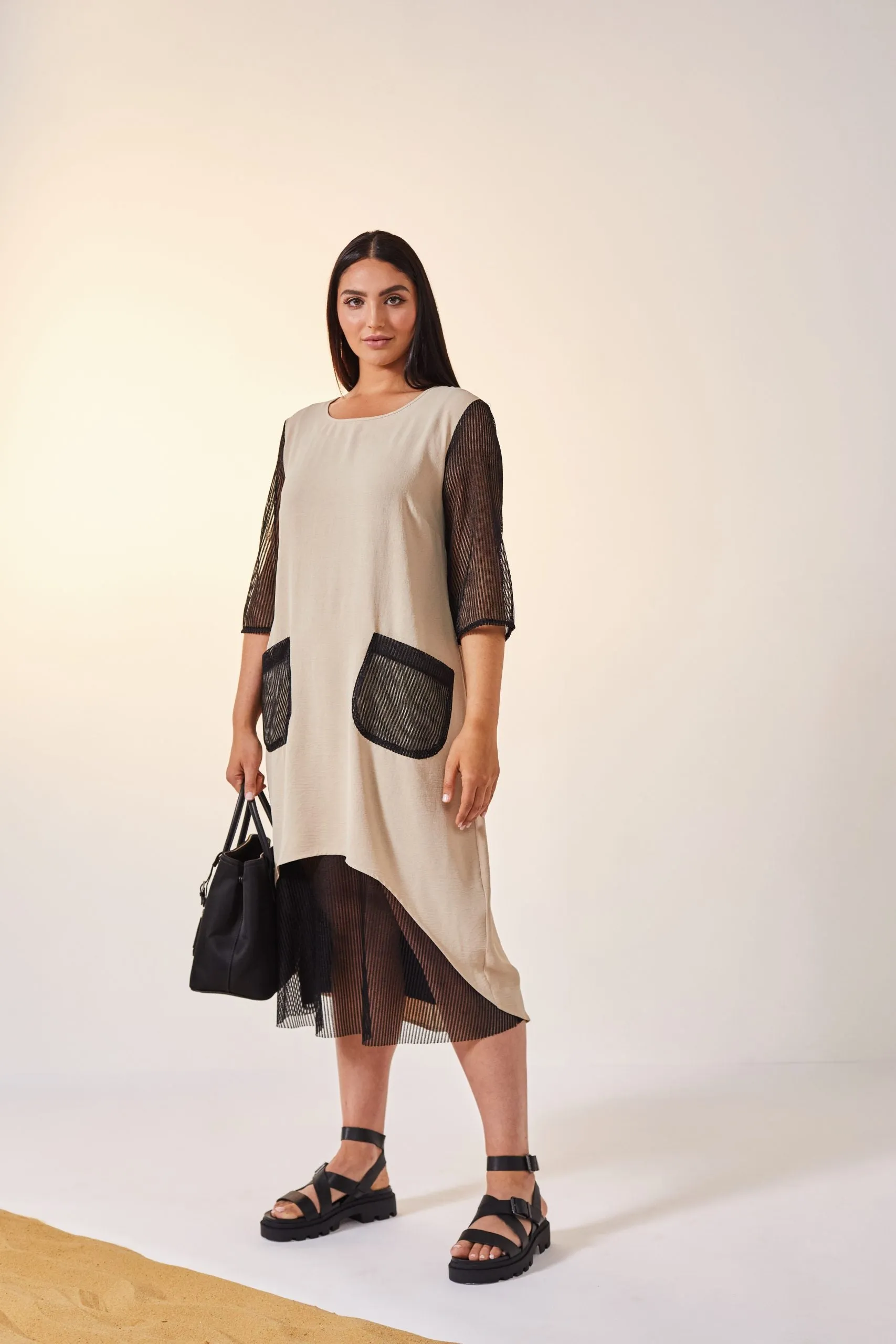 123 Dress with Mesh Contrast Sections Stone- Ora