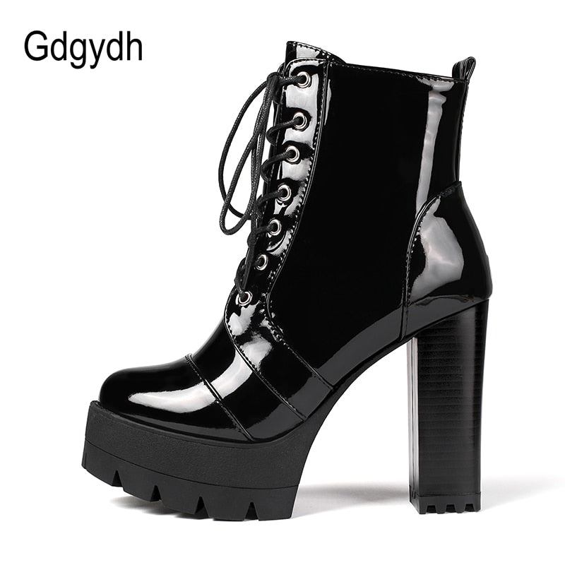 2021 Thick High Heeled Female Patent Leather Ankle Boots Round Toe Lace-up Zipper Women Short Boots Gothic Women Shoes