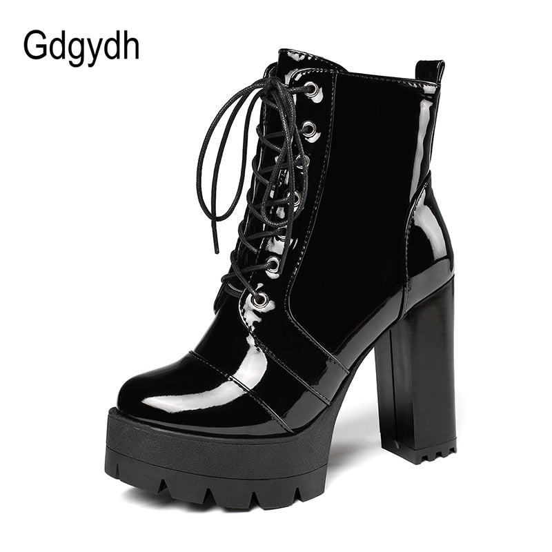 2021 Thick High Heeled Female Patent Leather Ankle Boots Round Toe Lace-up Zipper Women Short Boots Gothic Women Shoes