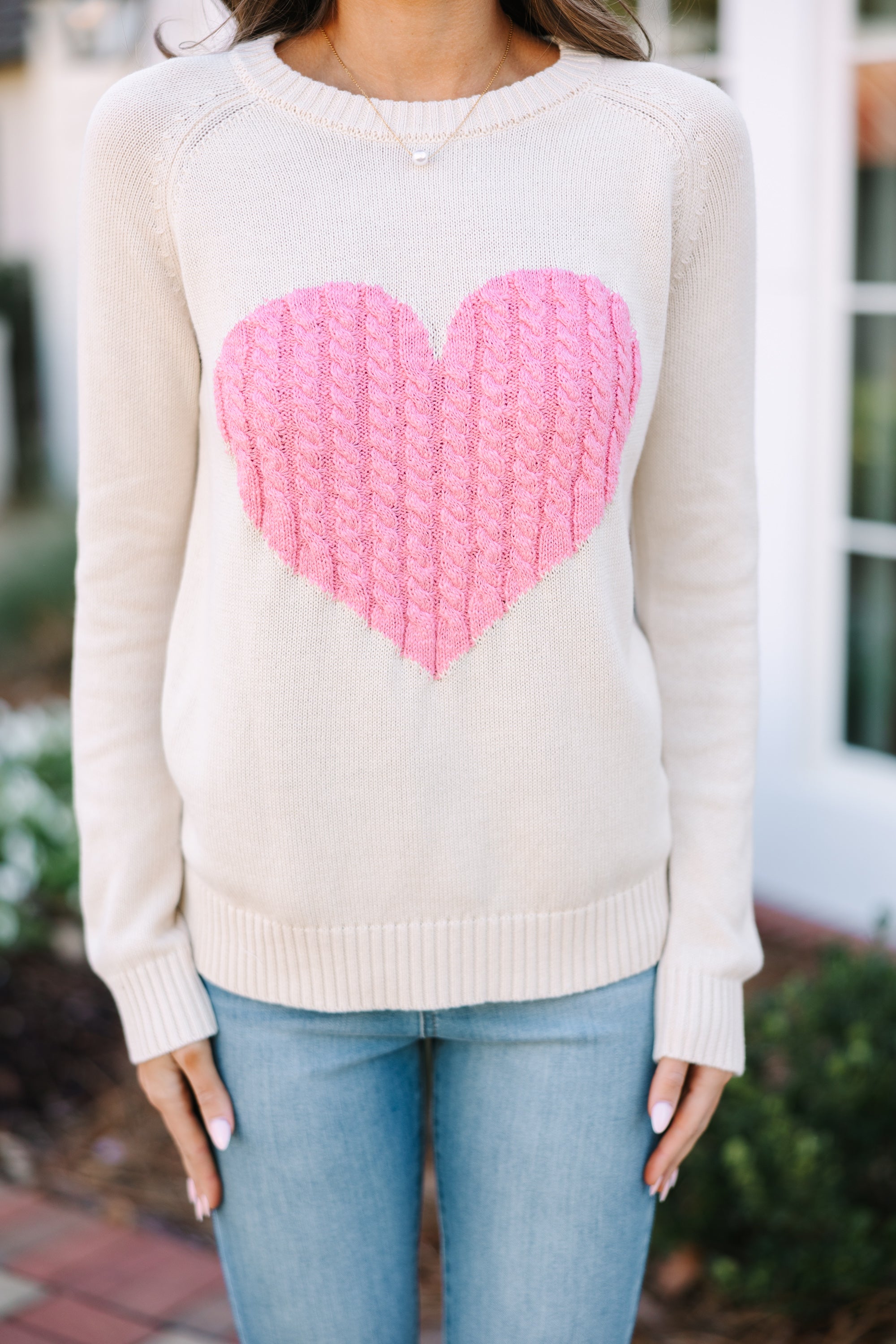 All For Love Oatmeal and Pink Heart Sweater