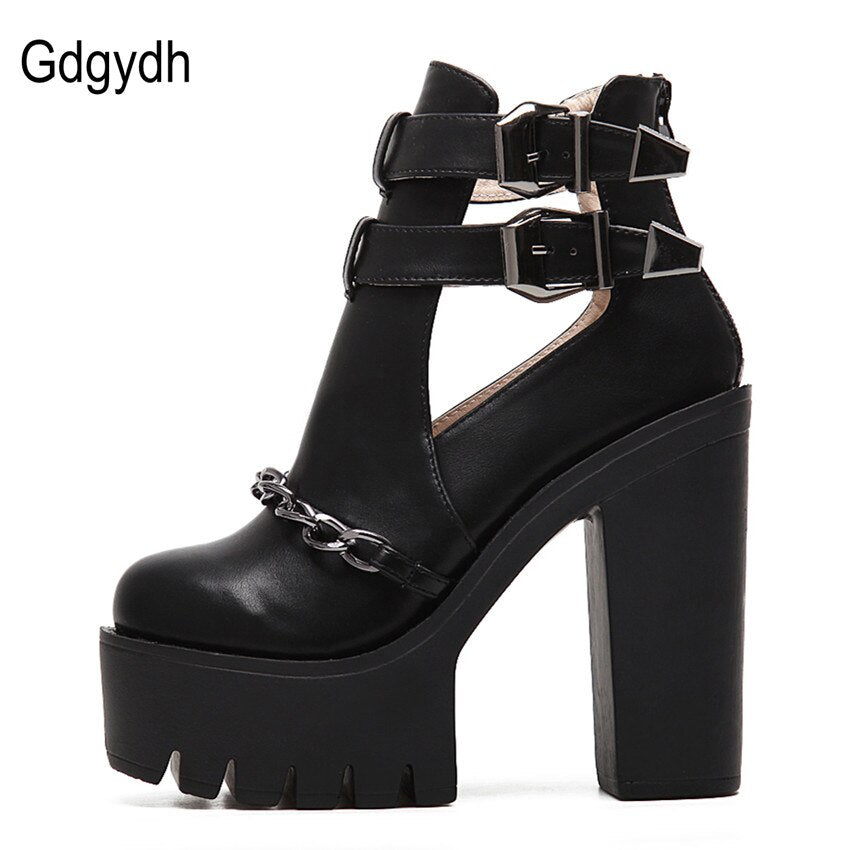 Ankle Boots for Women High Heels Casual Cut-outs Buckle Round Toe Chain Thick Heels Platform Shoes