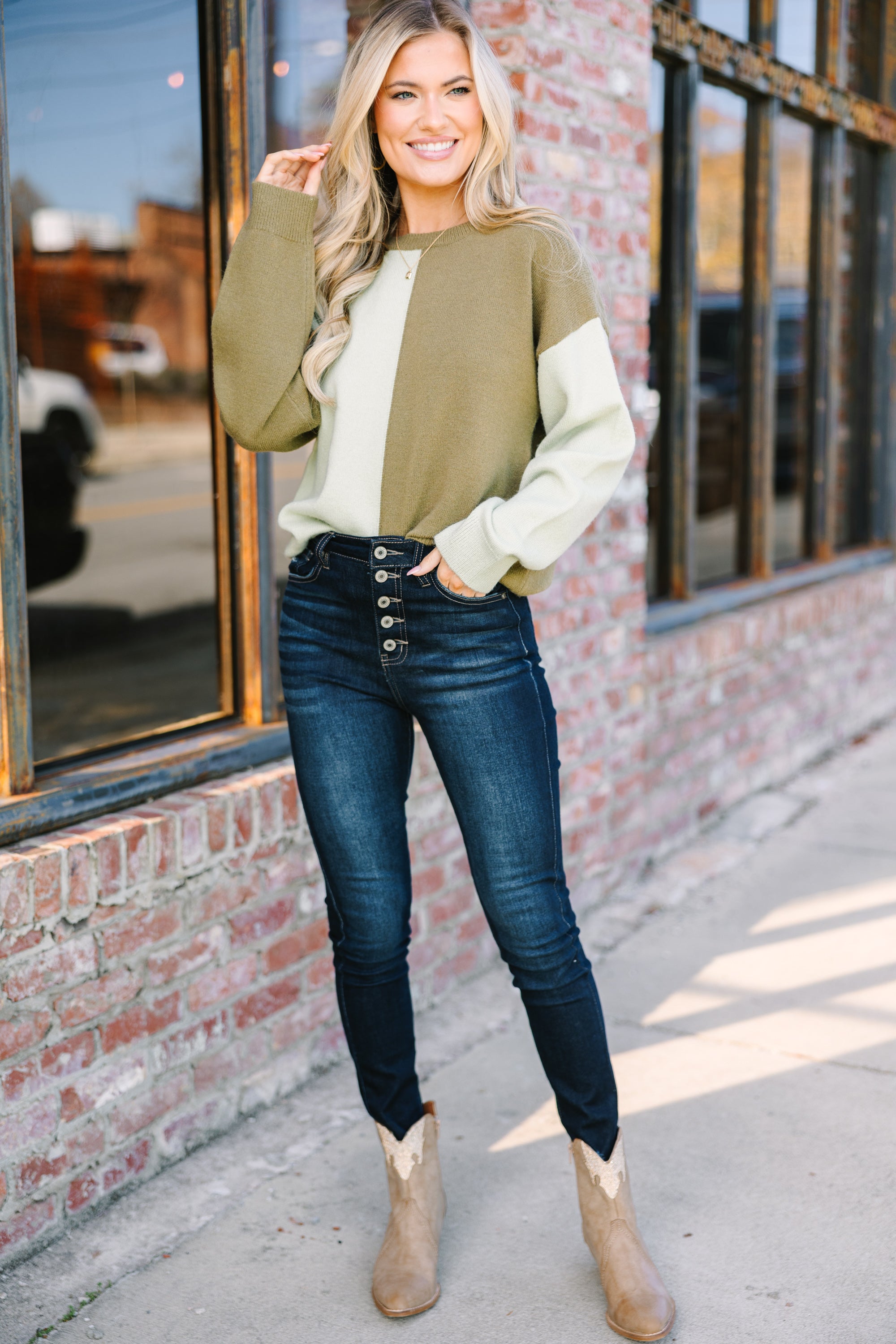 Best Believe It Sage & Olive Colorblock Sweater