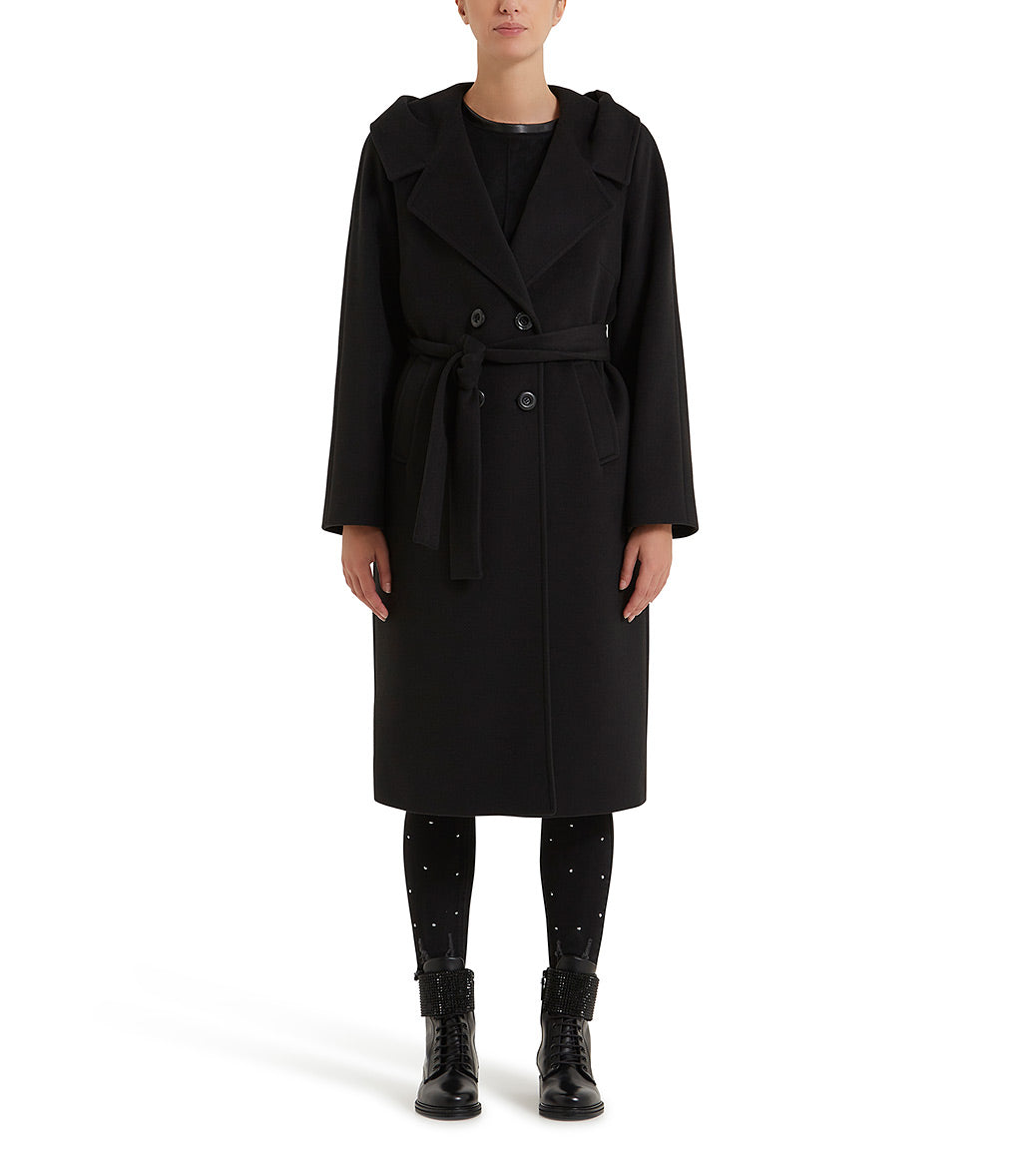 Black hooded and belted coat