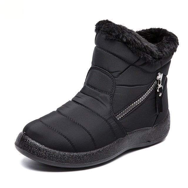 Black Warm Plush Zipper Round Toe Waterproof Snow Boots for Women