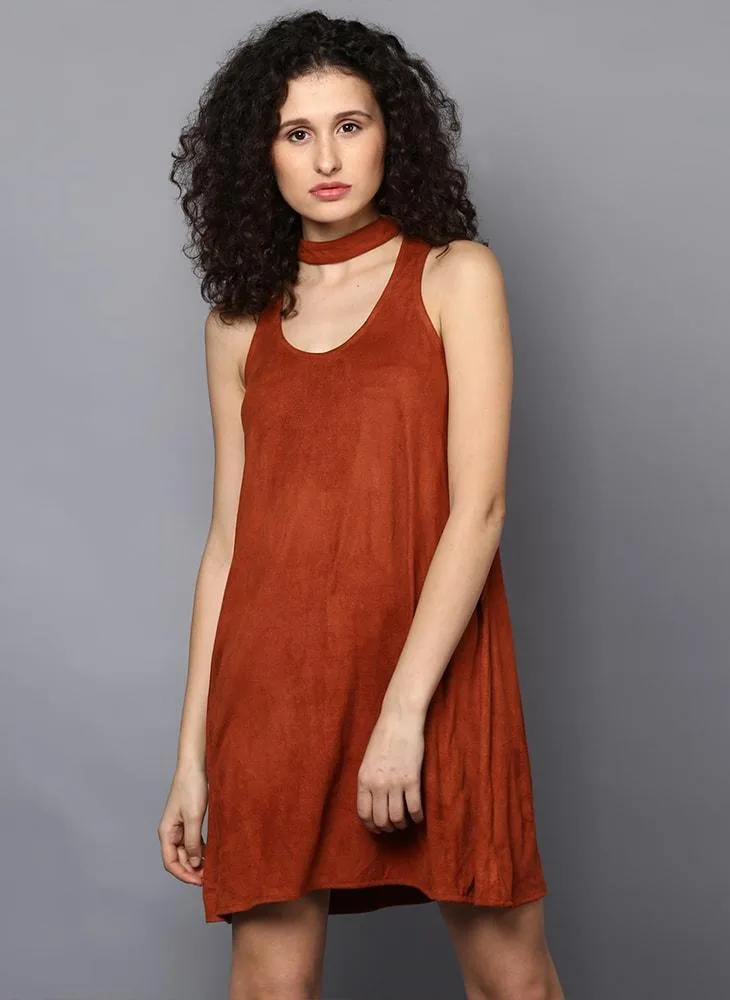 Brown Suede A-line Dress with Choker Neckline