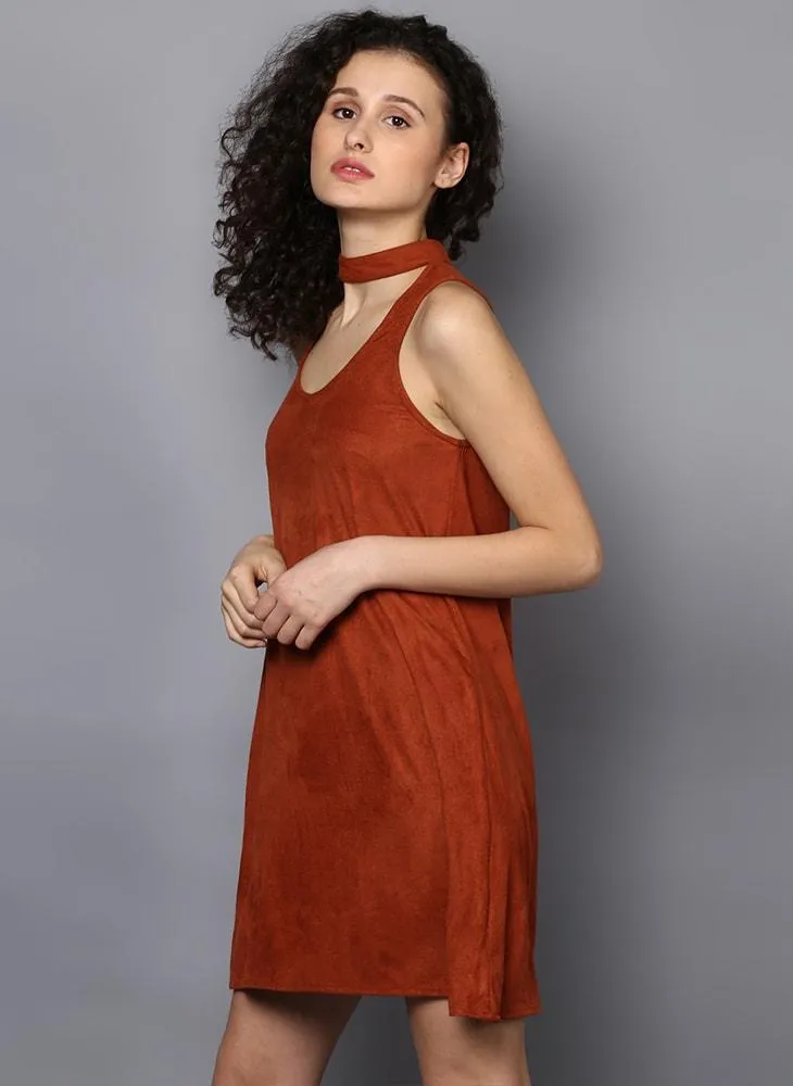 Brown Suede A-line Dress with Choker Neckline