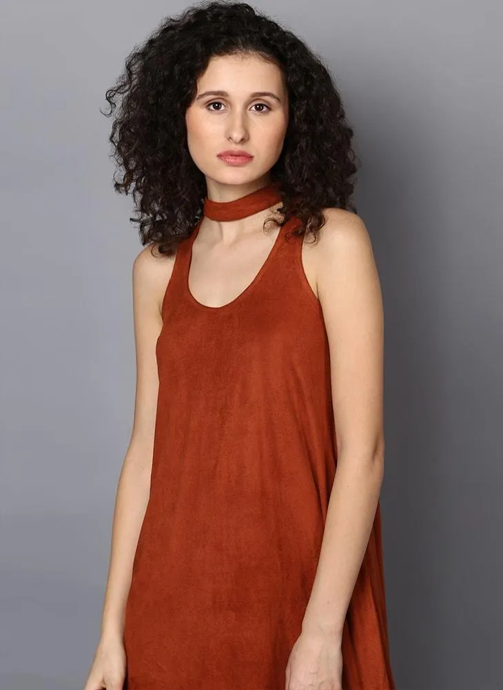 Brown Suede A-line Dress with Choker Neckline