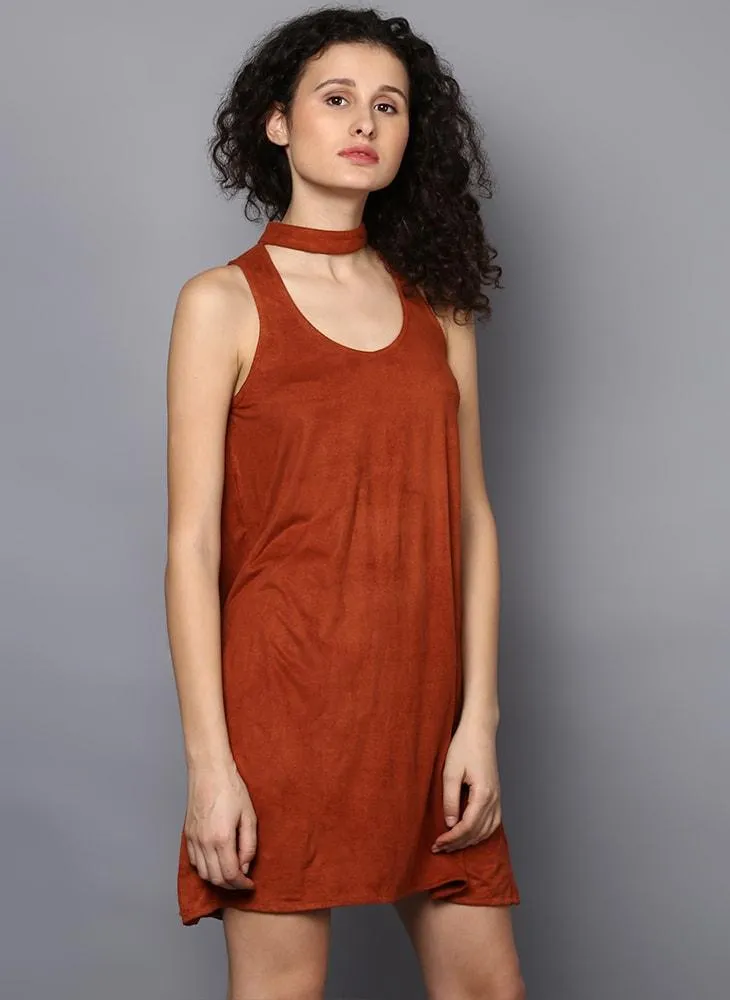 Brown Suede A-line Dress with Choker Neckline