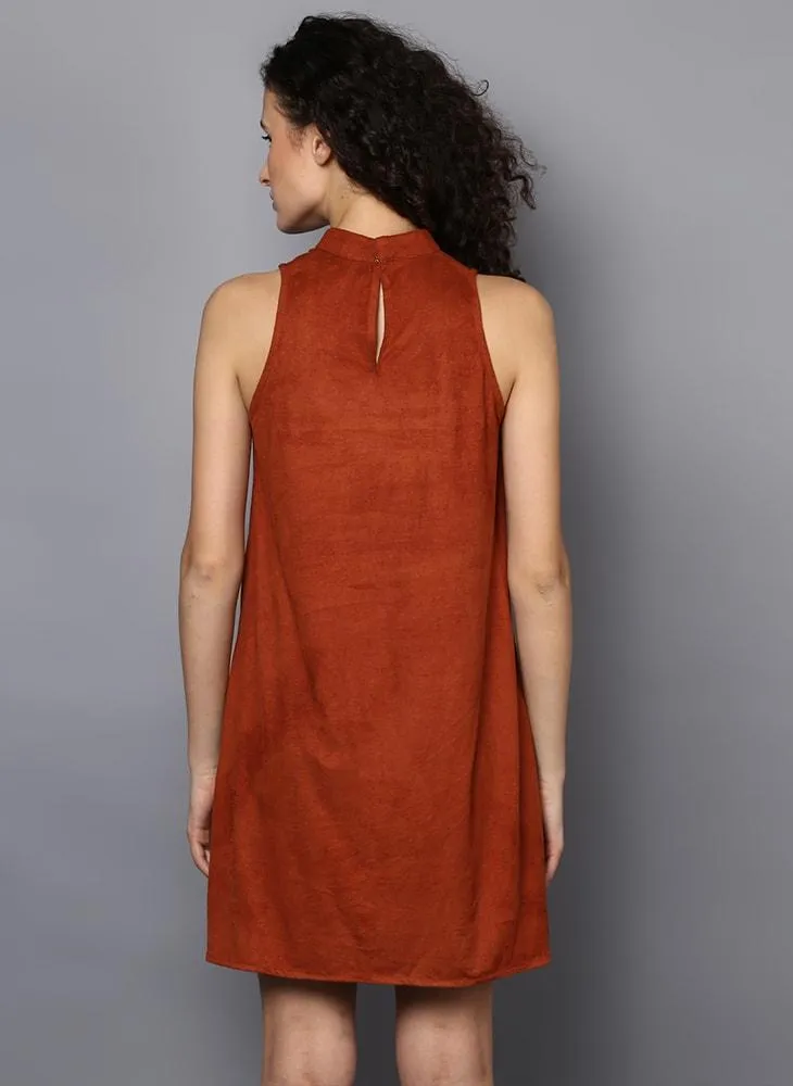 Brown Suede A-line Dress with Choker Neckline