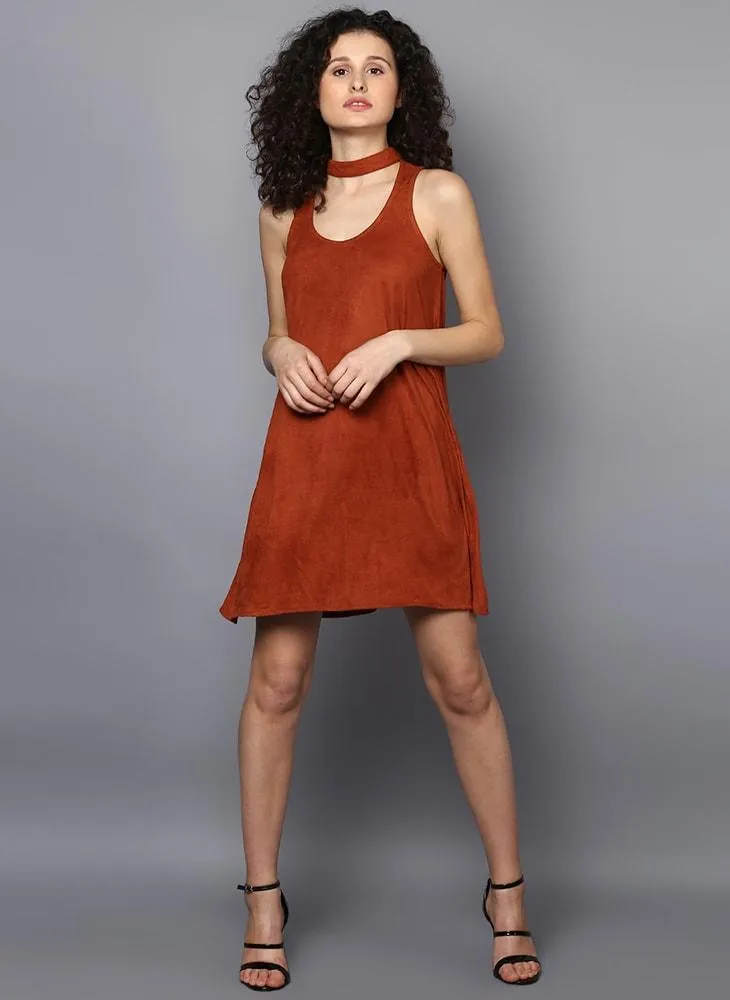 Brown Suede A-line Dress with Choker Neckline