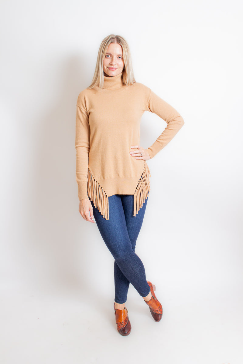 Camel Fringe Turtleneck Sweater