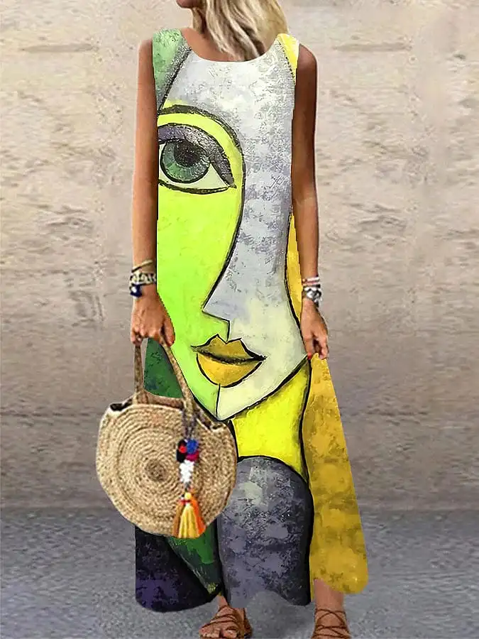 Casual Sleeveless Color Block Maxi Dress with Jacquard Design