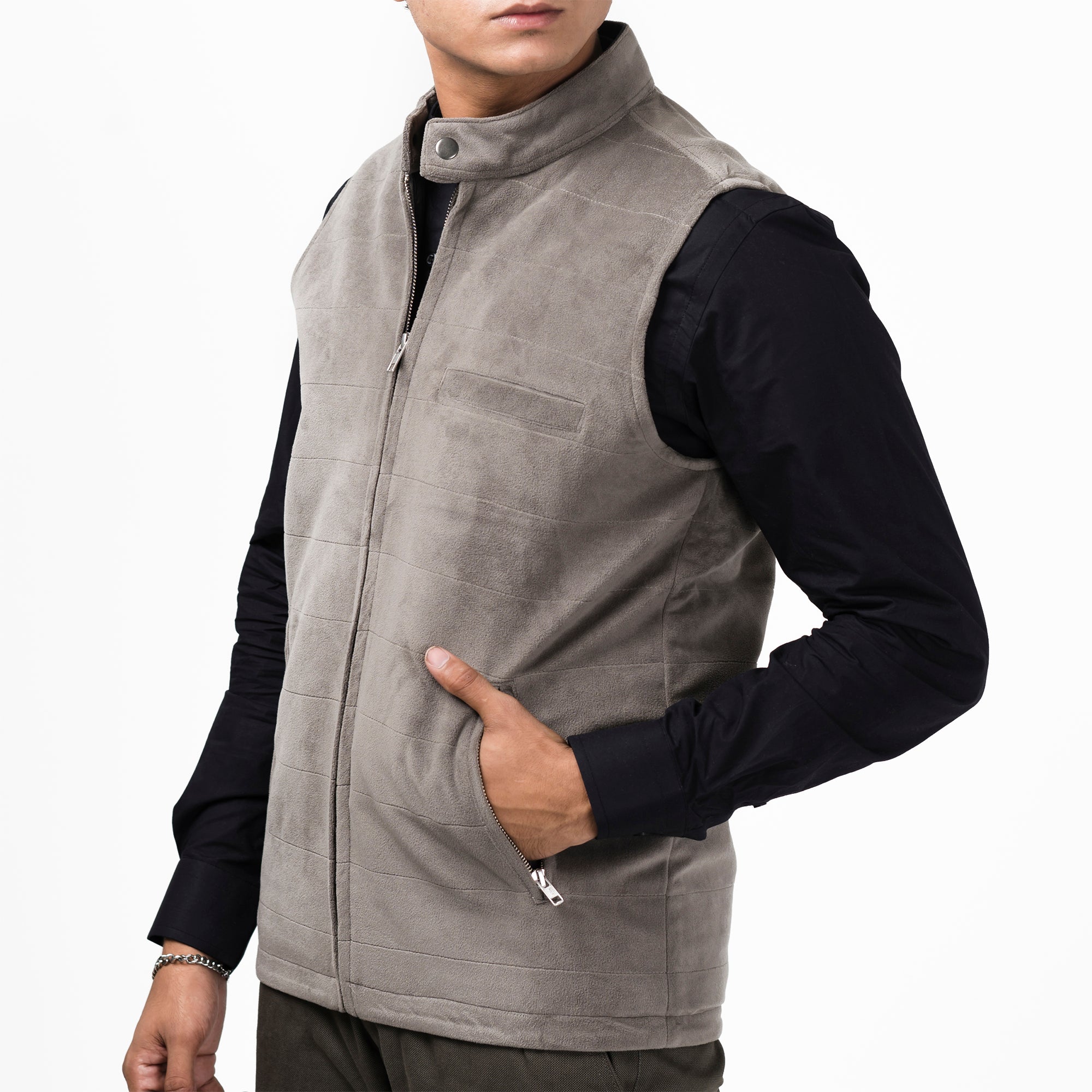 Classic Sleeveless Zipper Jacket-Dark Grey