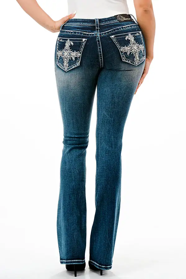 Cross Embellished Mid Rise Bootcut Jeans