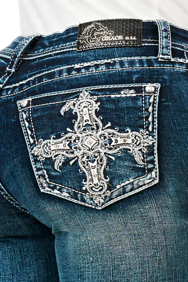 Cross Embellished Mid Rise Bootcut Jeans