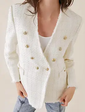 Double Breasted V Neck Tweed Blazer