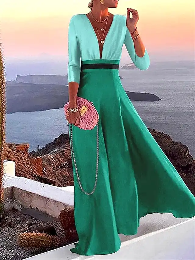 Elegant Color Block Patchwork V Neck Maxi Dress with 3/4 Sleeve