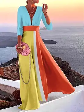 Elegant Color Block Patchwork V Neck Maxi Dress with 3/4 Sleeve