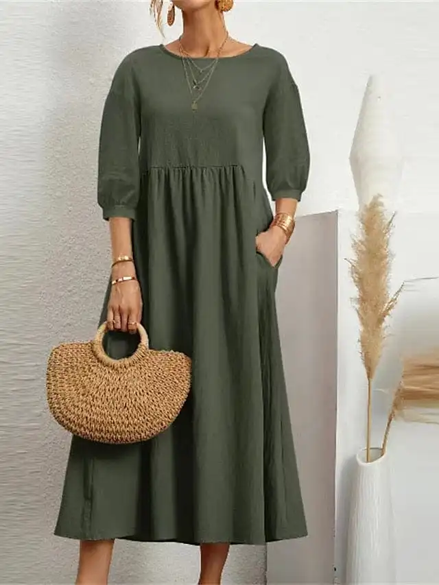 Elegant Dark Green Maxi Dress with Ruched Pocket