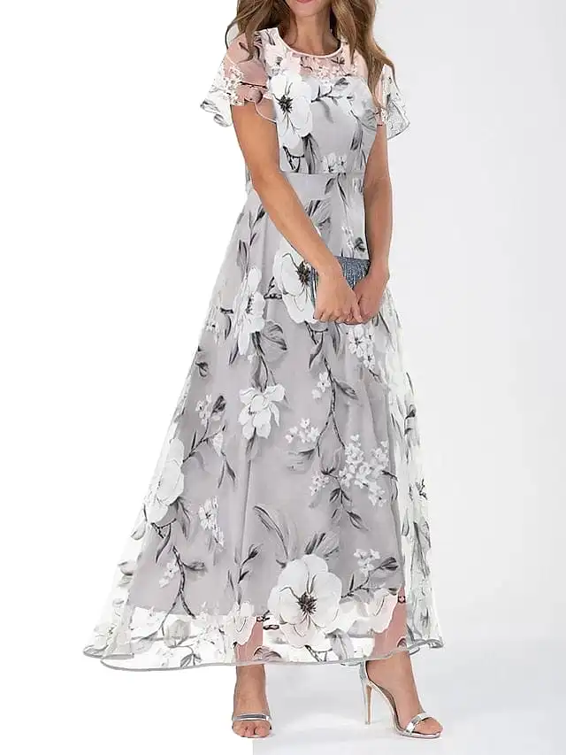 Elegant Floral Print Maxi Swing Dress with Mesh Crew Neck