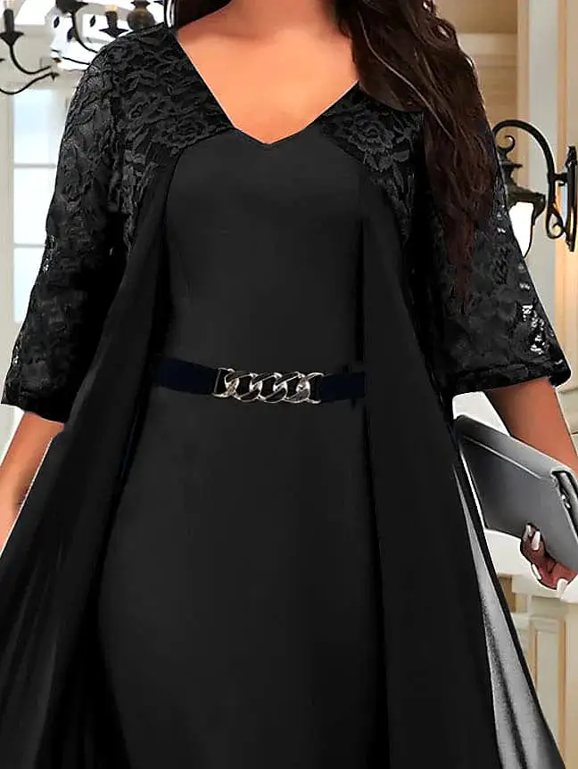 Elegant Plus Size Black Lace Cocktail Dress with V Neck