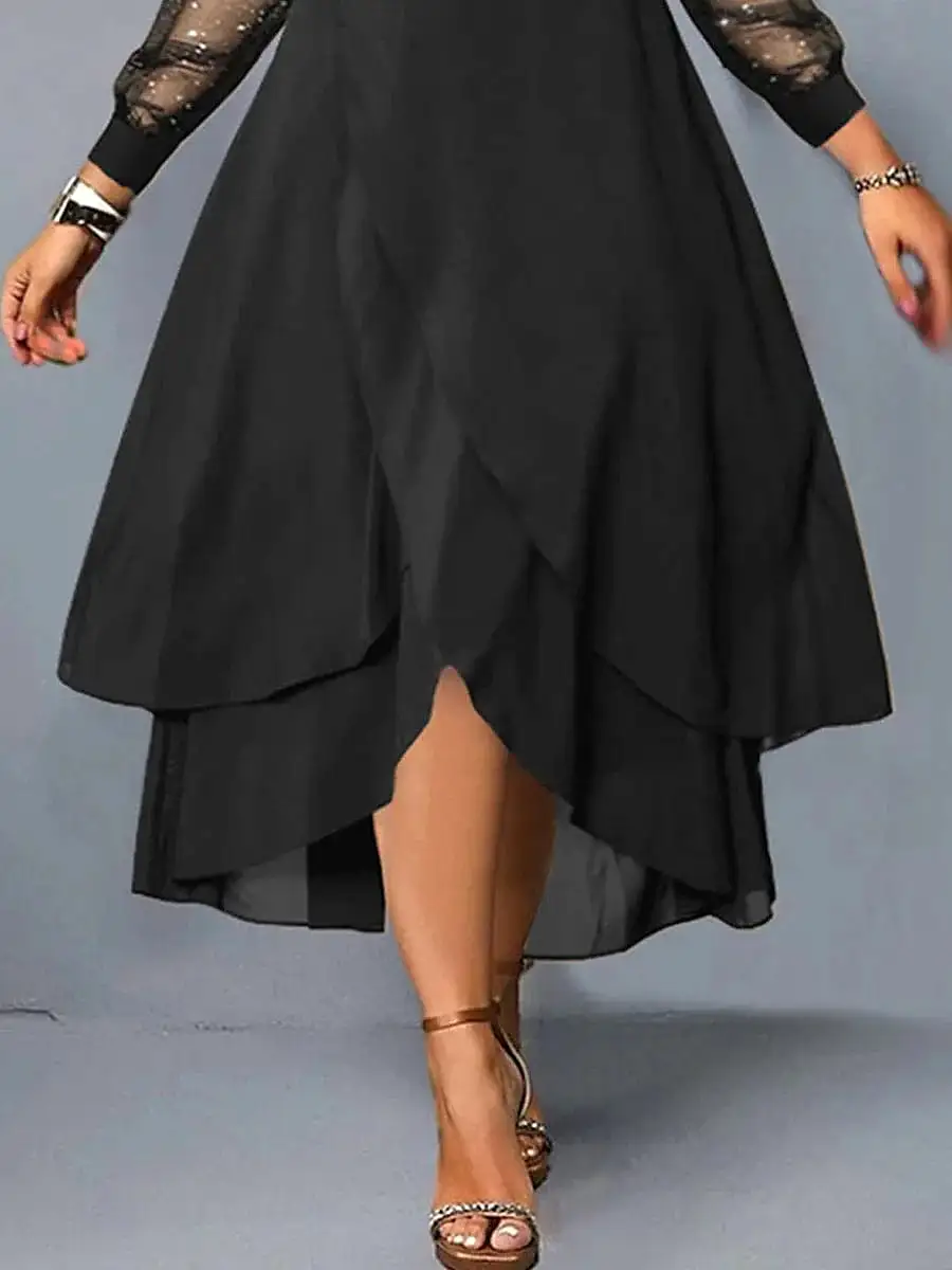 Elegant Plus Size Black Maxi Dress with Mesh V-Neck Ruffle