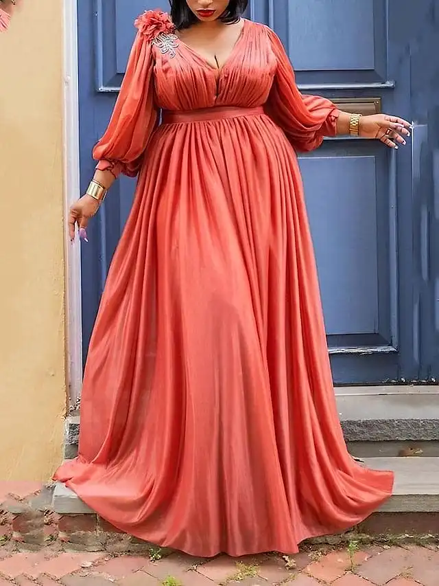 Elegant Plus Size V Neck Ruched Maxi Dress