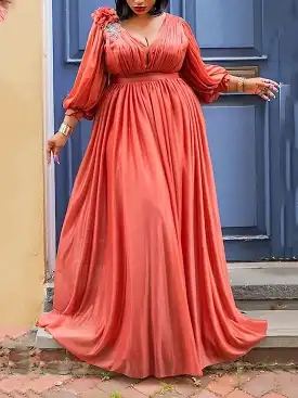 Elegant Plus Size V Neck Ruched Maxi Dress