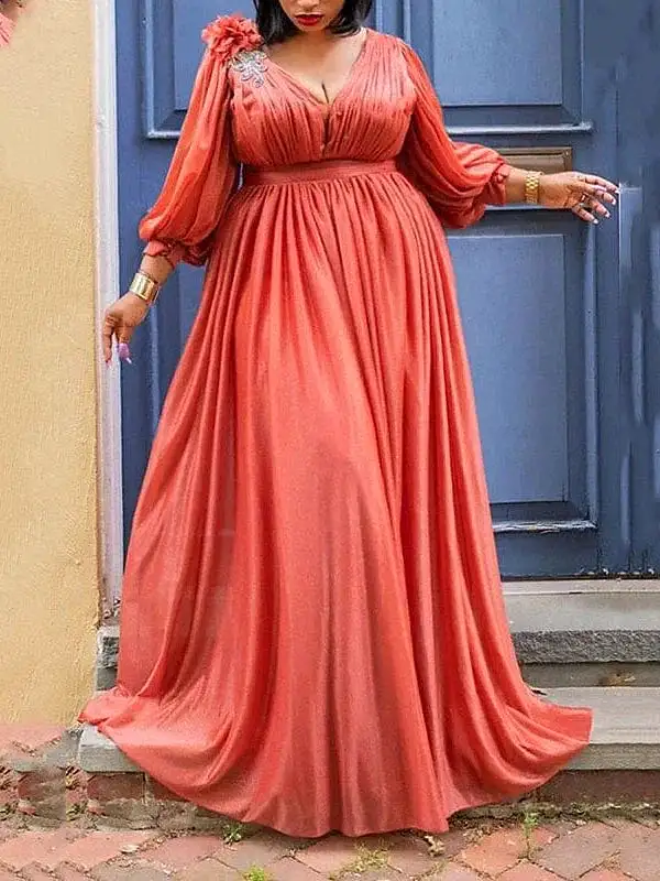 Elegant Plus Size V Neck Ruched Maxi Dress