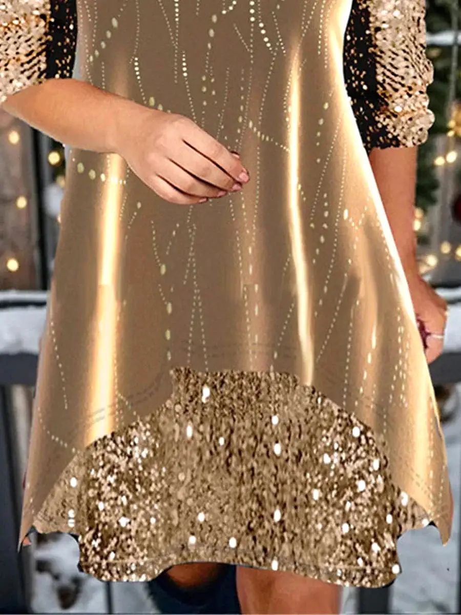 Elegant Plus Size Velvet Sequin Party Dress with Geometric Print and Gold Accents