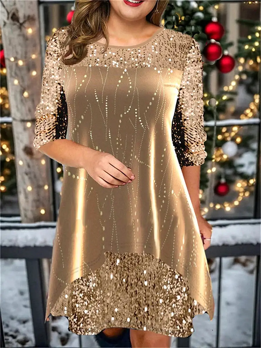 Elegant Plus Size Velvet Sequin Party Dress with Geometric Print and Gold Accents