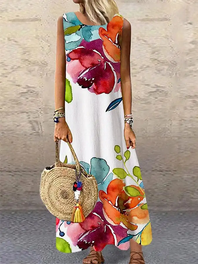 Elegant Rainbow Floral Maxi Dress with Crew Neck