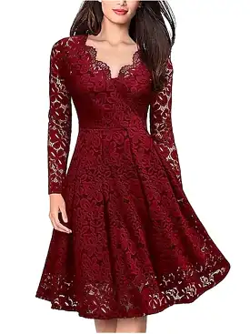 Elegant V-Neck Lace Party Dress with Long Sleeves