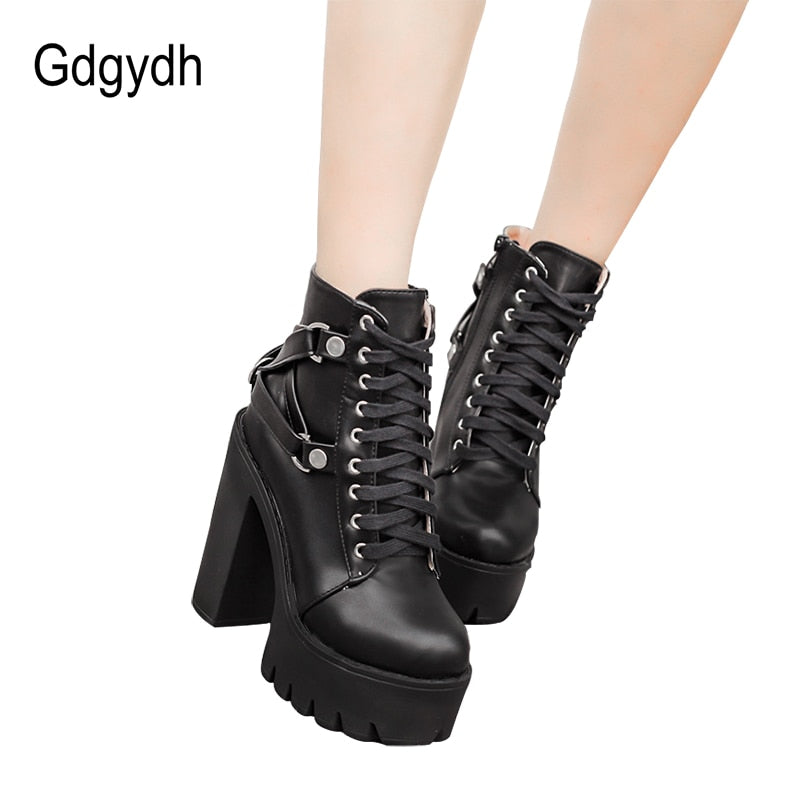 Fashion Black Boots Women Heel Spring Autumn Lace-up Soft Leather Platform Shoes Woman Party Ankle Boots High Heels Punk