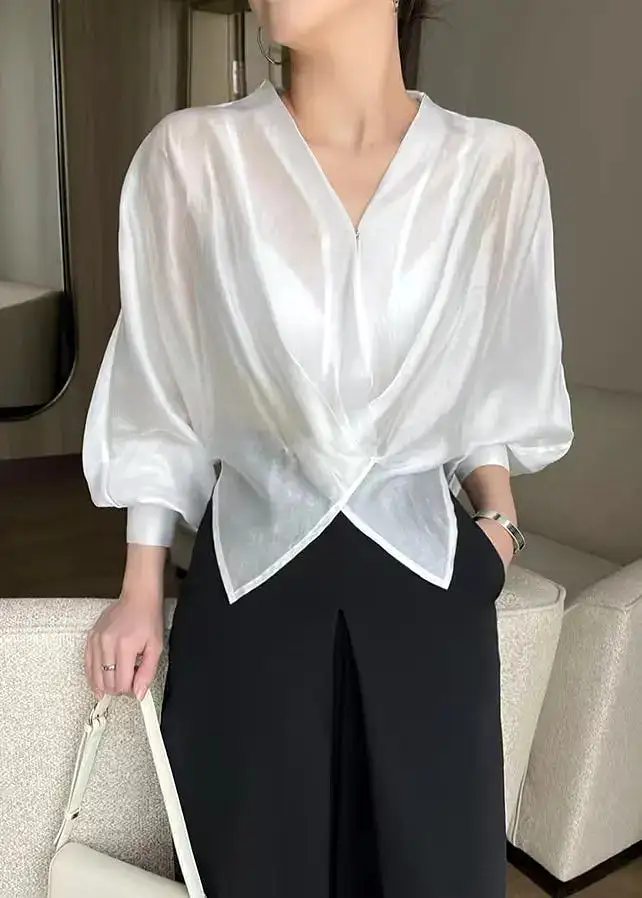 Fashion White V Neck Asymmetrical Silk Thin Shirts Spring HA1059