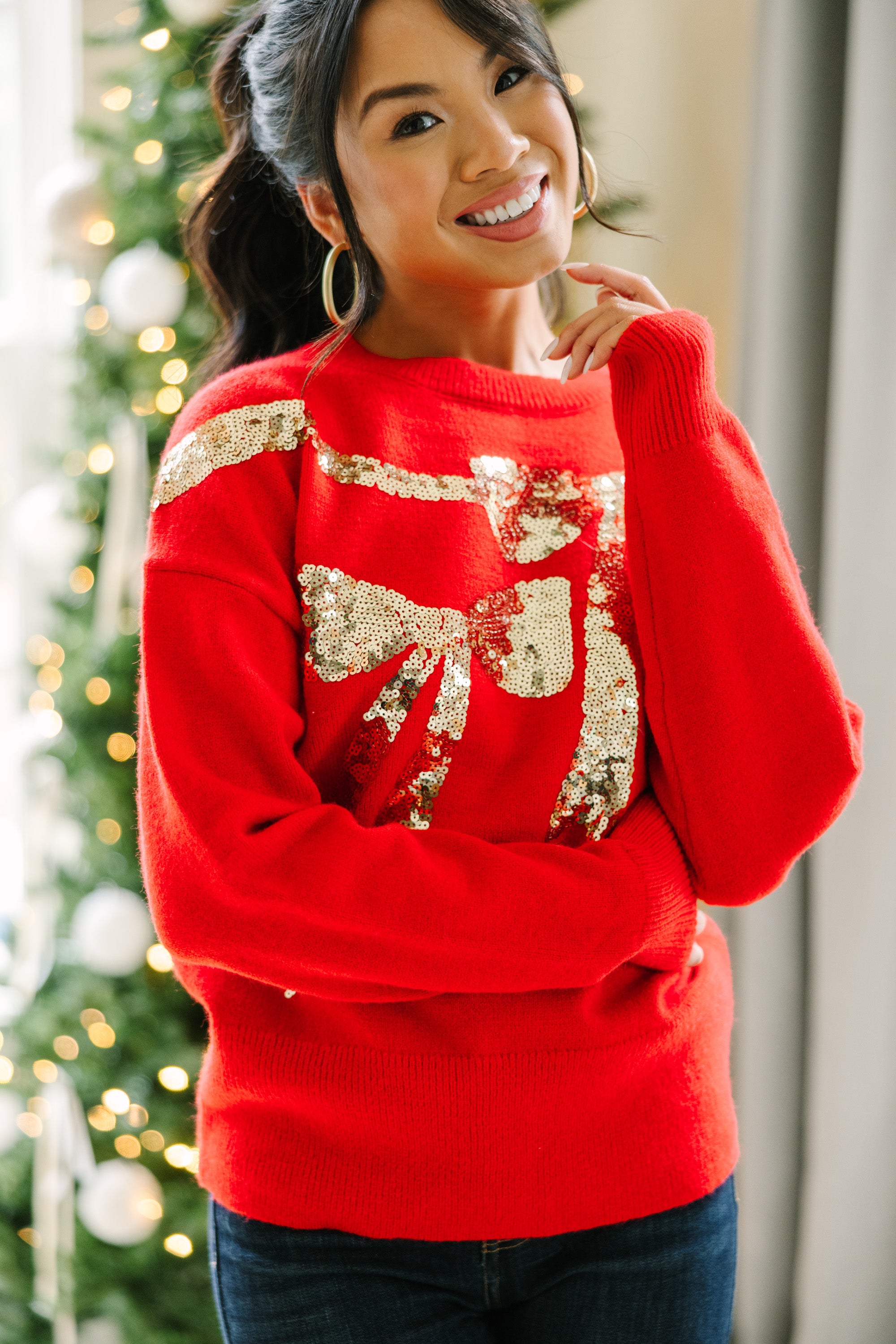 Feeling Present Red Sequin Bow Sweater