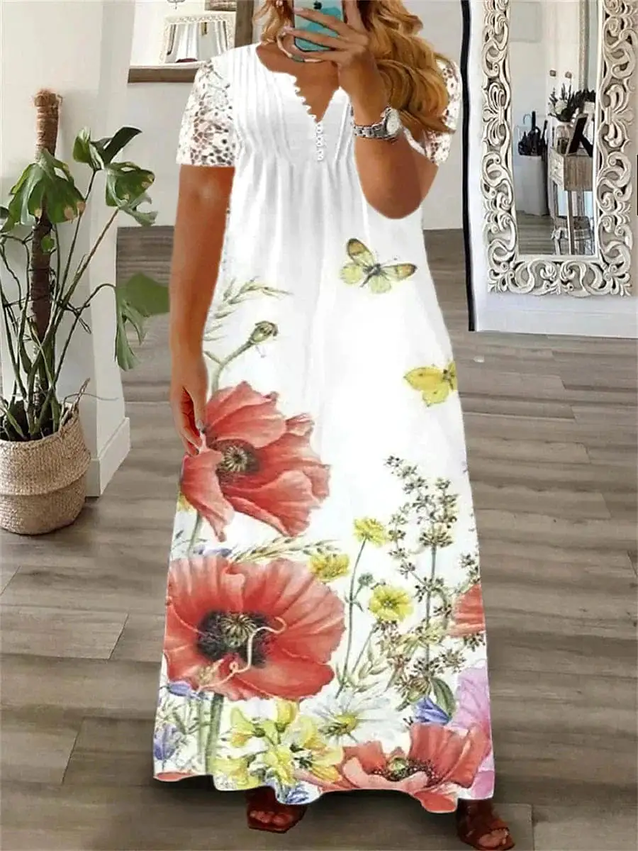 Floral Butterfly Print Plus Size Maxi Dress with Long Sleeves