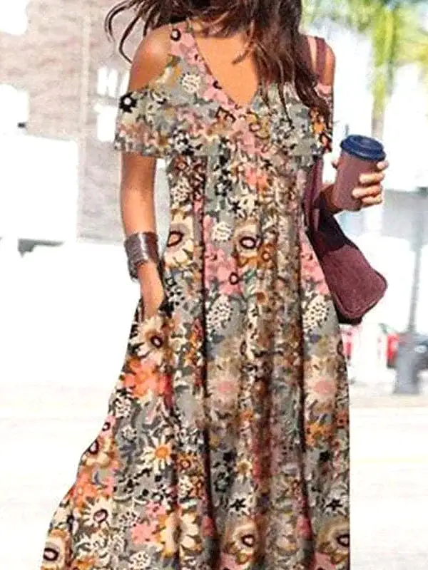 Floral Cold Shoulder Maxi Dress for Women