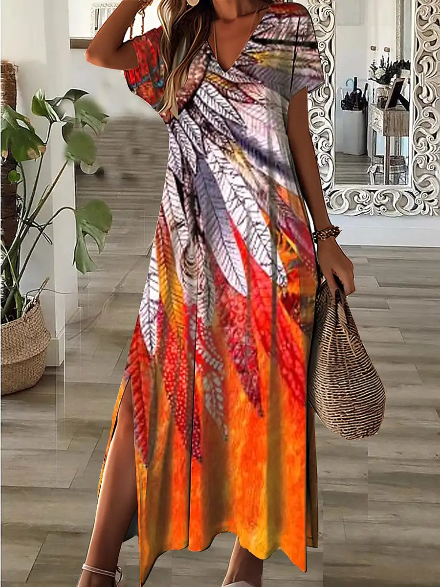 Floral Print A Line Maxi Dress for Women in Neon Orange/Black/Pink