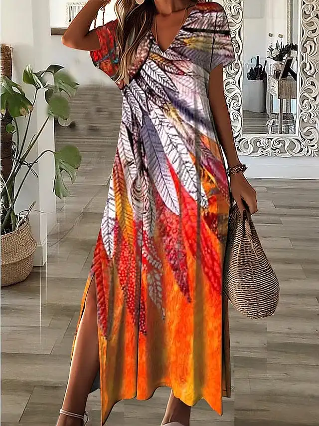 Floral Print A Line Maxi Dress for Women in Neon Orange/Black/Pink