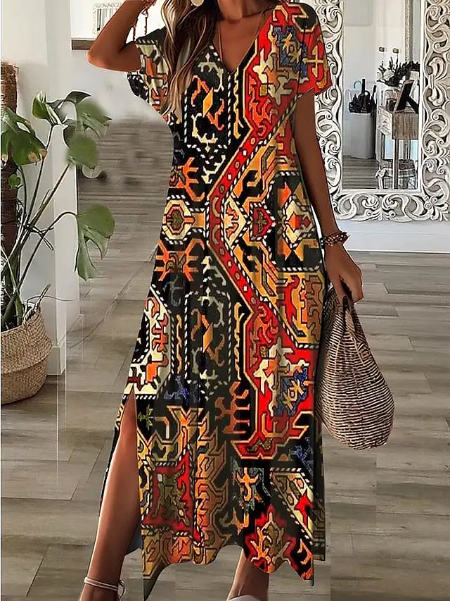 Floral Print A Line Maxi Dress for Women in Neon Orange/Black/Pink