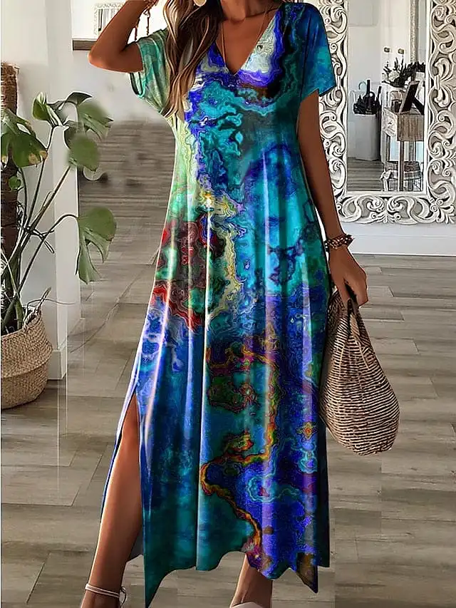 Floral Print A Line Maxi Dress for Women in Neon Orange/Black/Pink