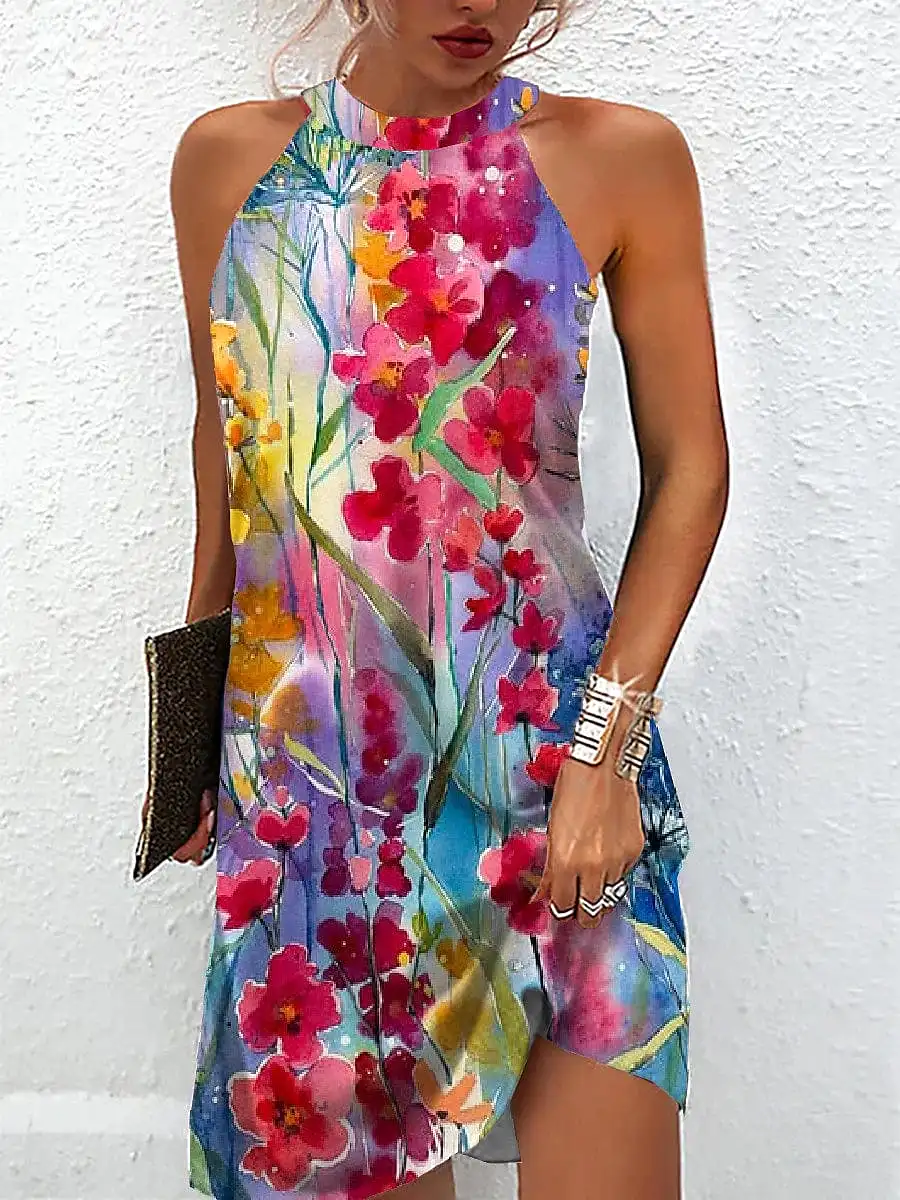 Floral Print Sleeveless A-Line Summer Dress with Halter Neck