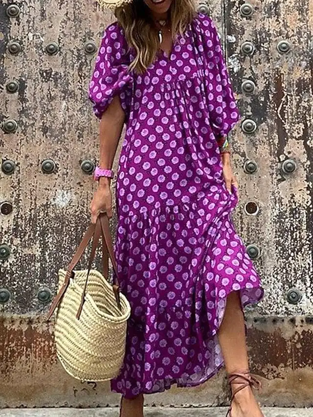 Floral Print V Neck Puff Sleeve Maxi Dress for Women