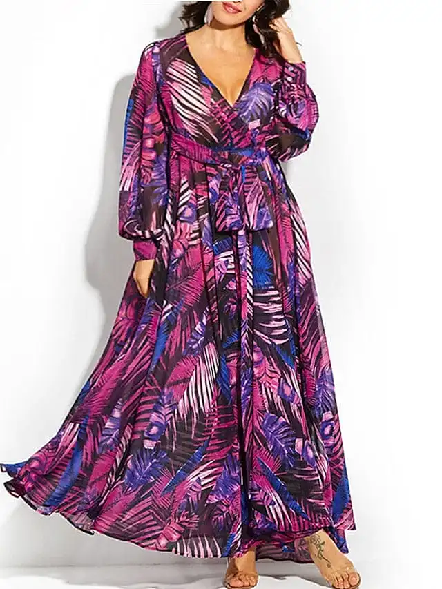 Floral V-Neck Plus Size Maxi Dress with Lantern Sleeves