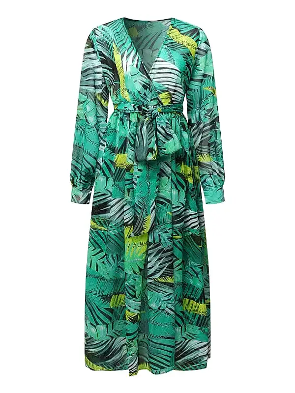 Floral V-Neck Plus Size Maxi Dress with Lantern Sleeves