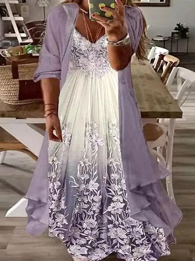 Floral V-Neck Print Two-Piece Plus Size Maxi Dress