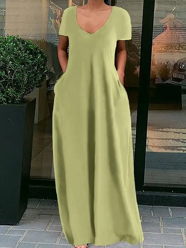 Fluorescent Green Cotton Linen Maxi Dress with Short Sleeves and V-Neck