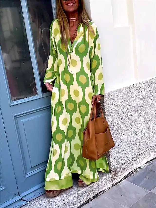 Geometric Print Maxi Dress for Women with Split V Neck and Long Sleeves