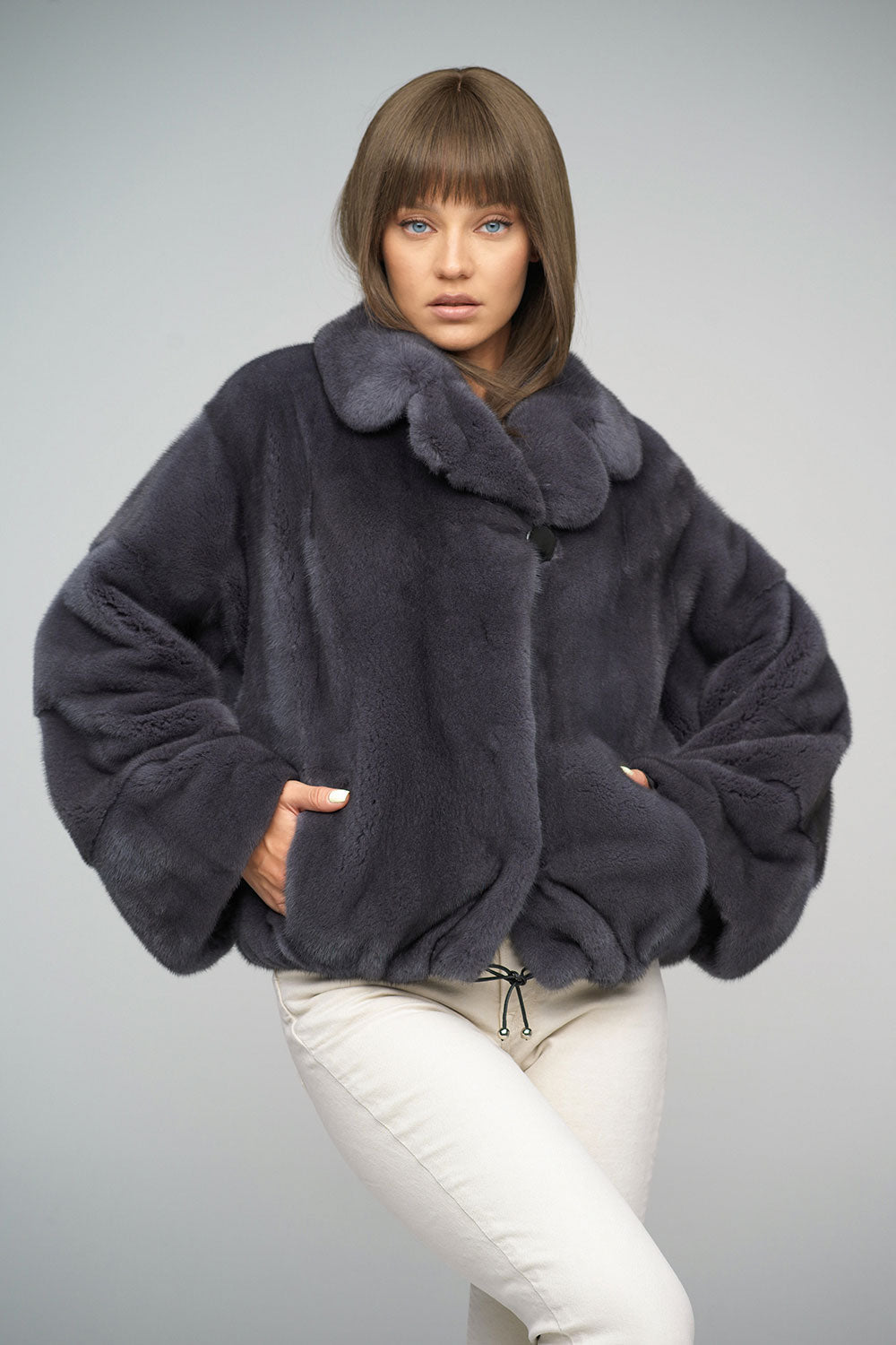 Gray Genuine Mink Fur Coat